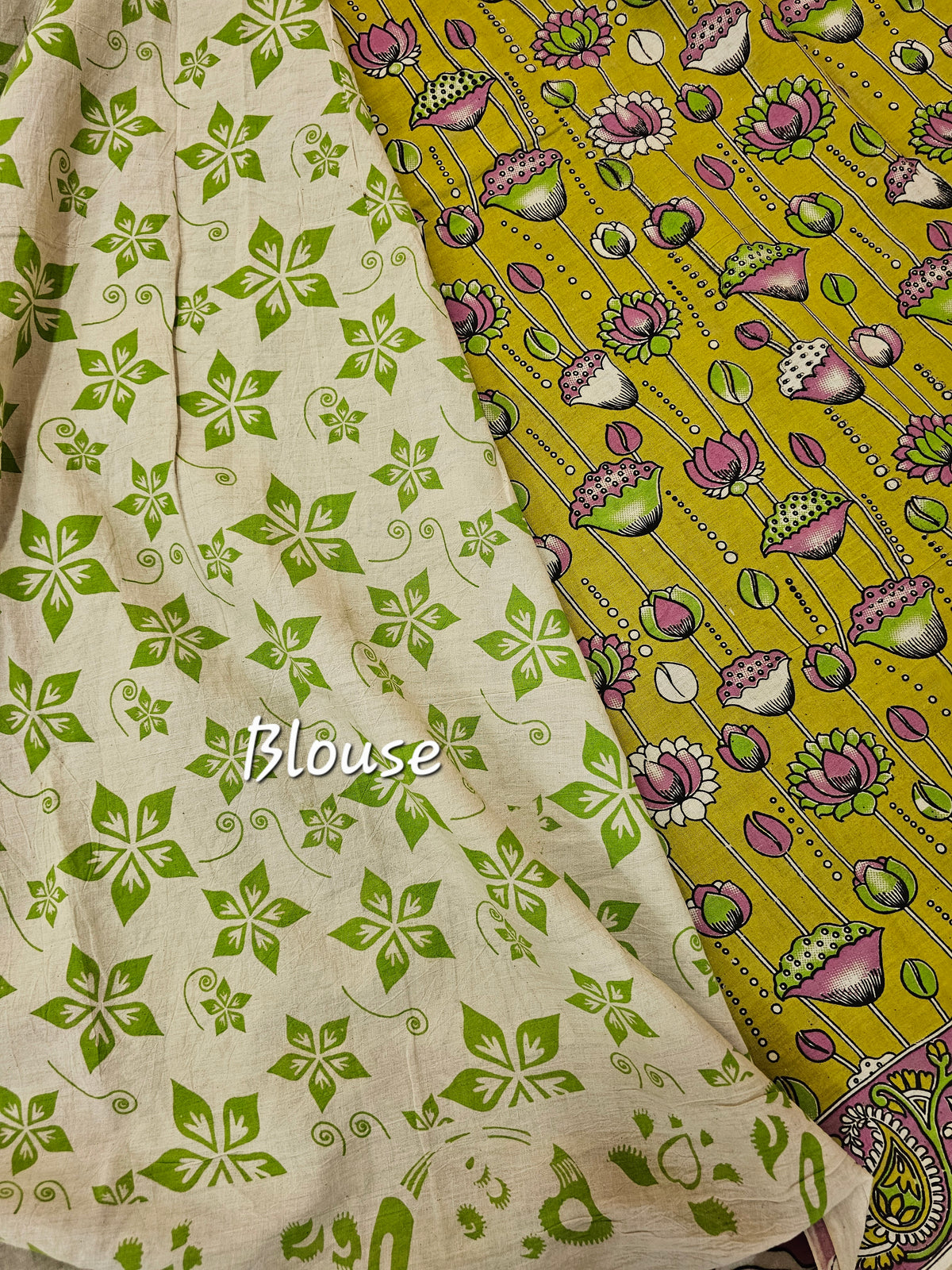 Cotton Kalamkari Saree - Lime Green with Pink