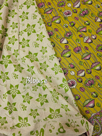 Cotton Kalamkari Saree - Lime Green with Pink
