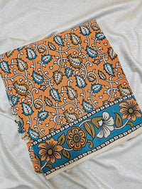 Cotton Kalamkari Saree - Orange with Blue
