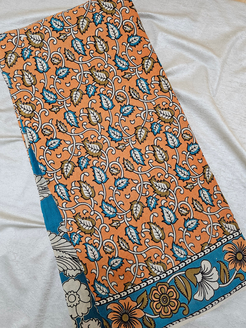 Cotton Kalamkari Saree - Orange with Blue