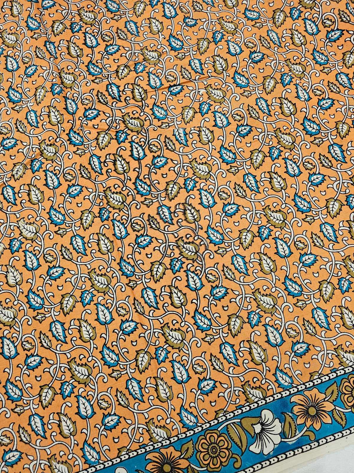 Cotton Kalamkari Saree - Orange with Blue