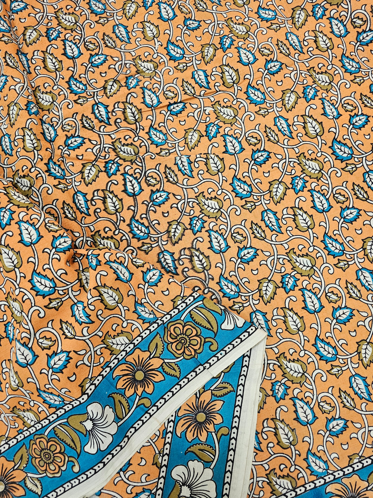 Cotton Kalamkari Saree - Orange with Blue