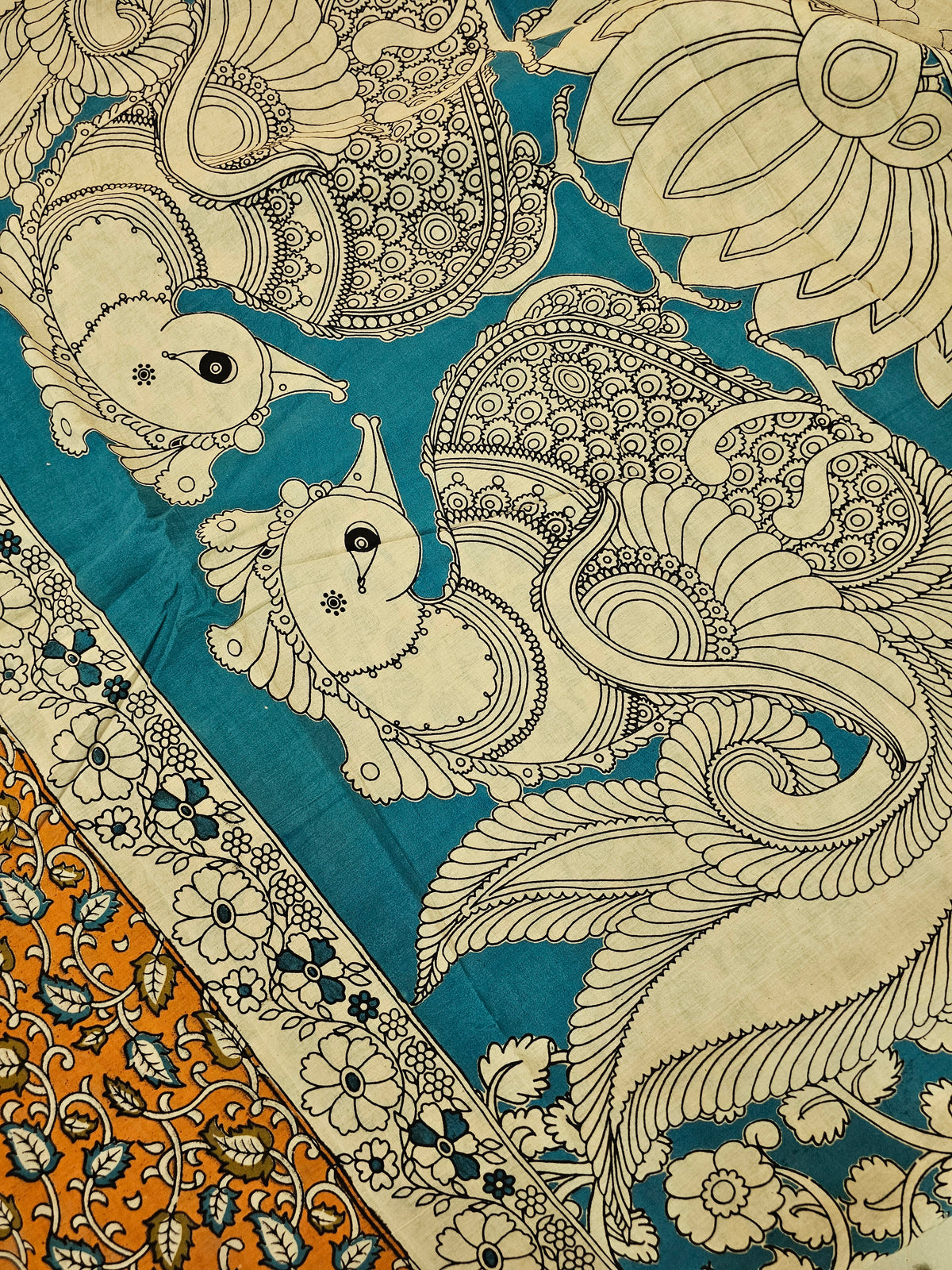 Cotton Kalamkari Saree - Orange with Blue