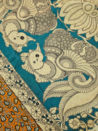 Cotton Kalamkari Saree - Orange with Blue