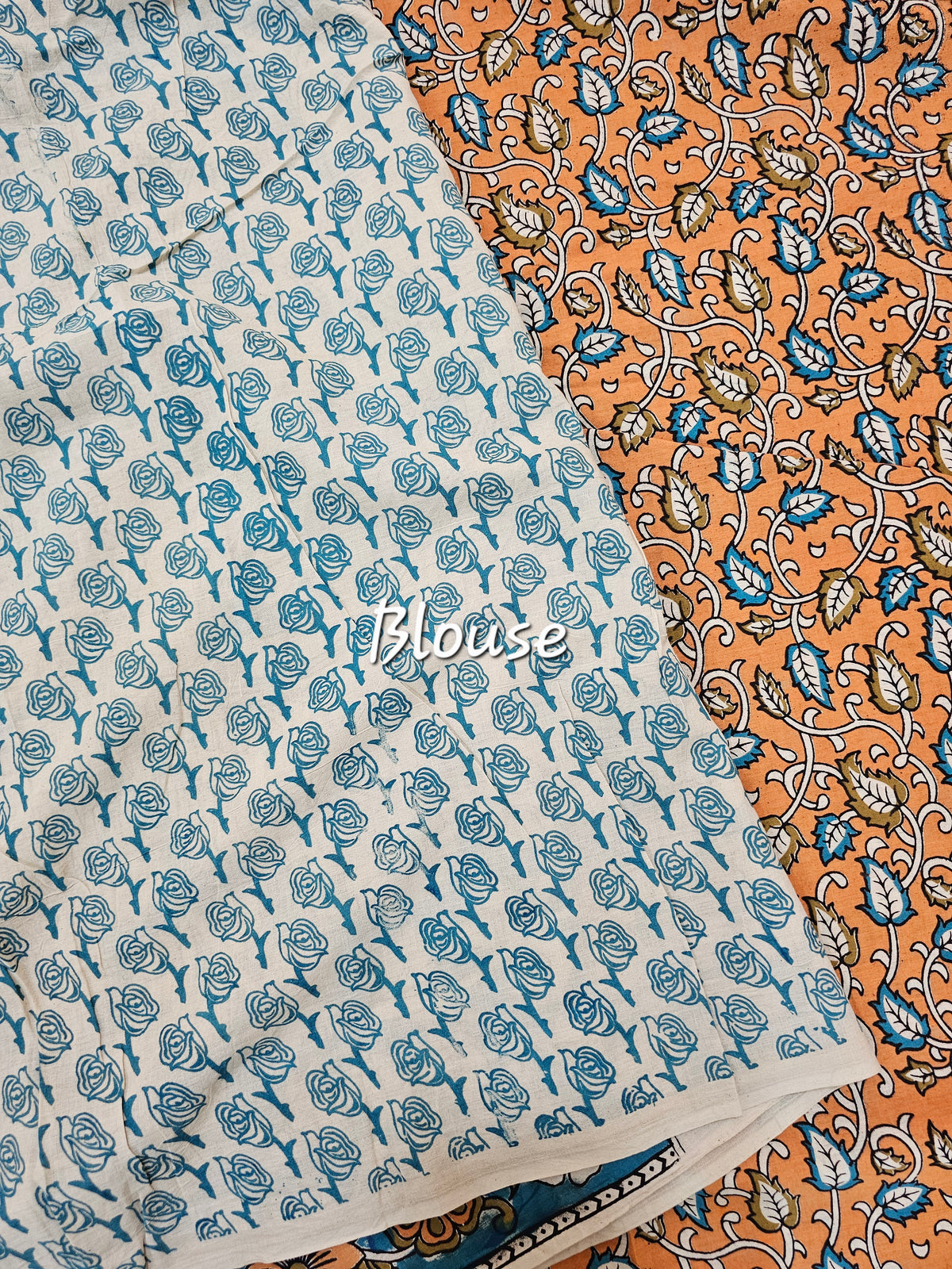 Cotton Kalamkari Saree - Orange with Blue