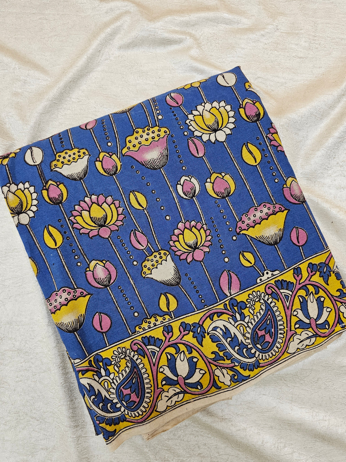 Cotton Kalamkari Saree - Blue with Yellow