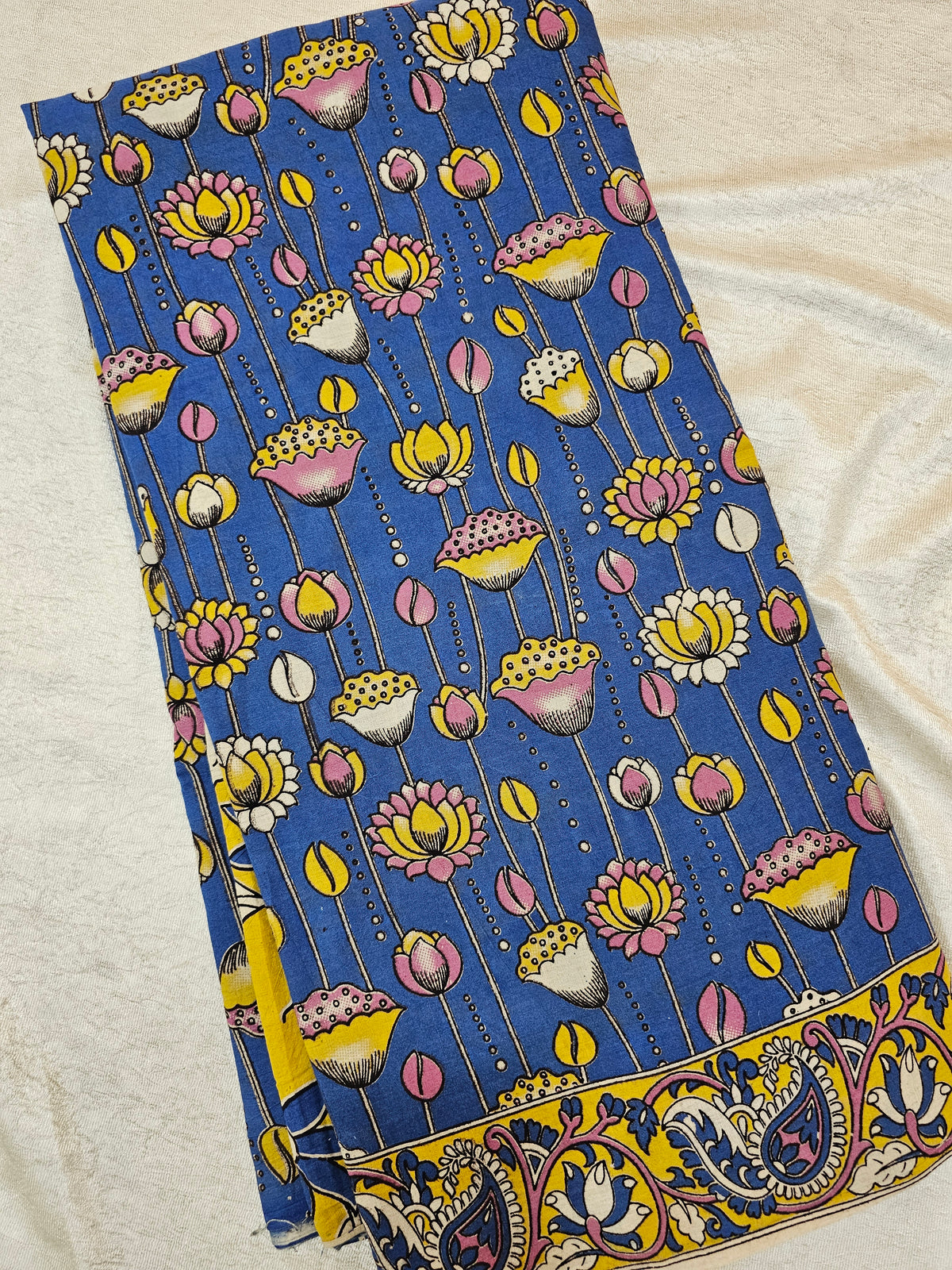 Cotton Kalamkari Saree - Blue with Yellow