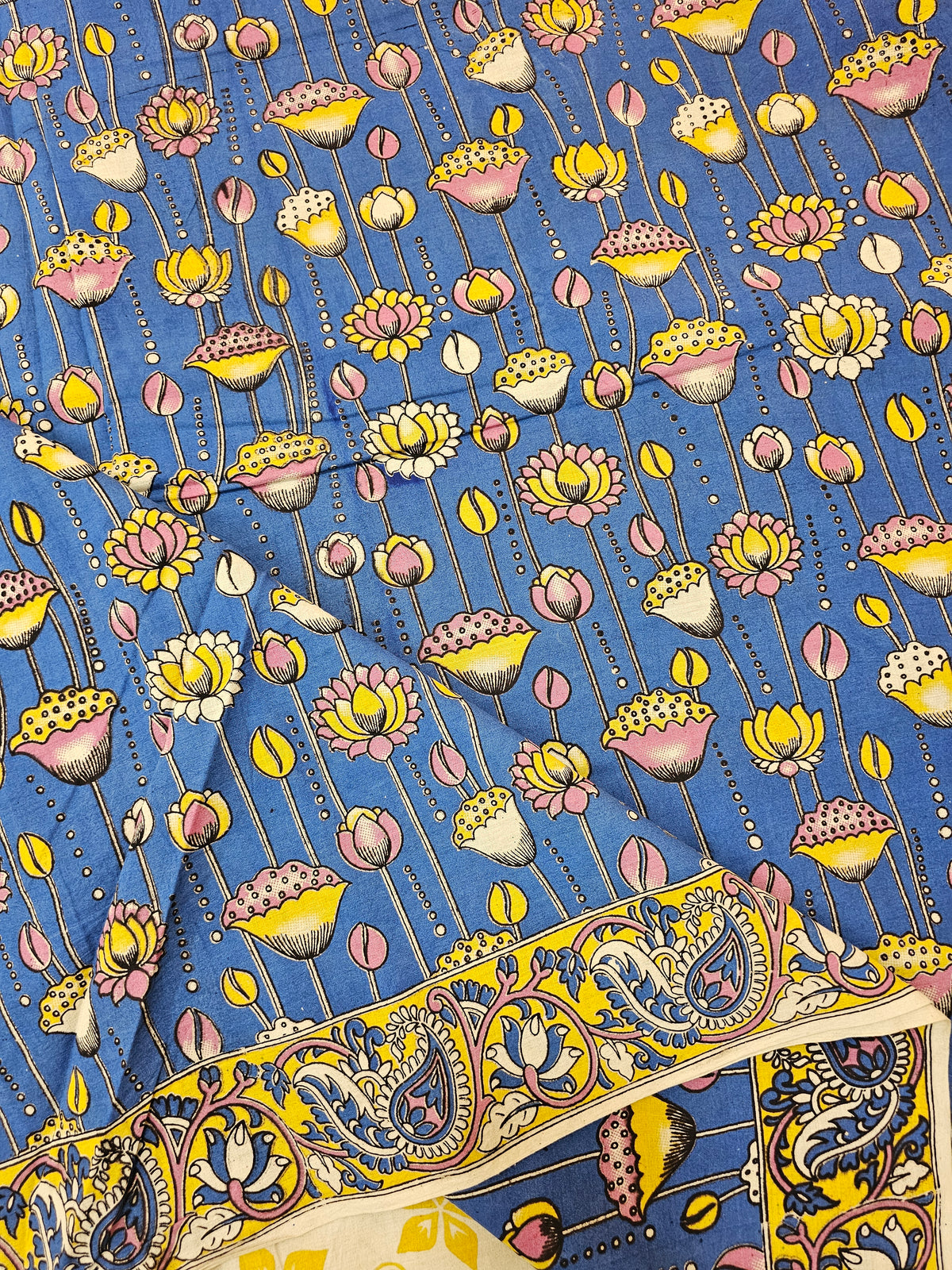 Cotton Kalamkari Saree - Blue with Yellow