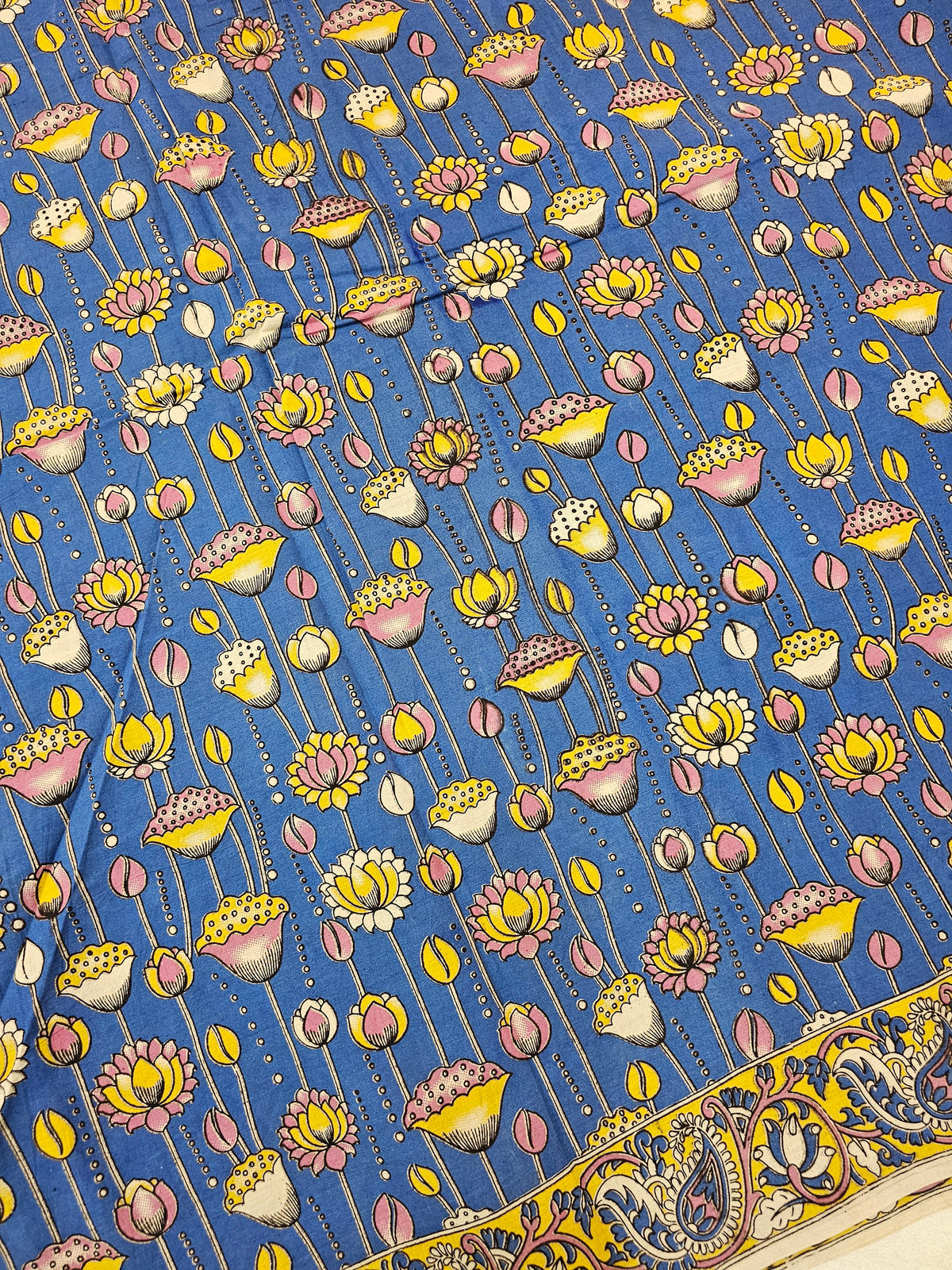 Cotton Kalamkari Saree - Blue with Yellow