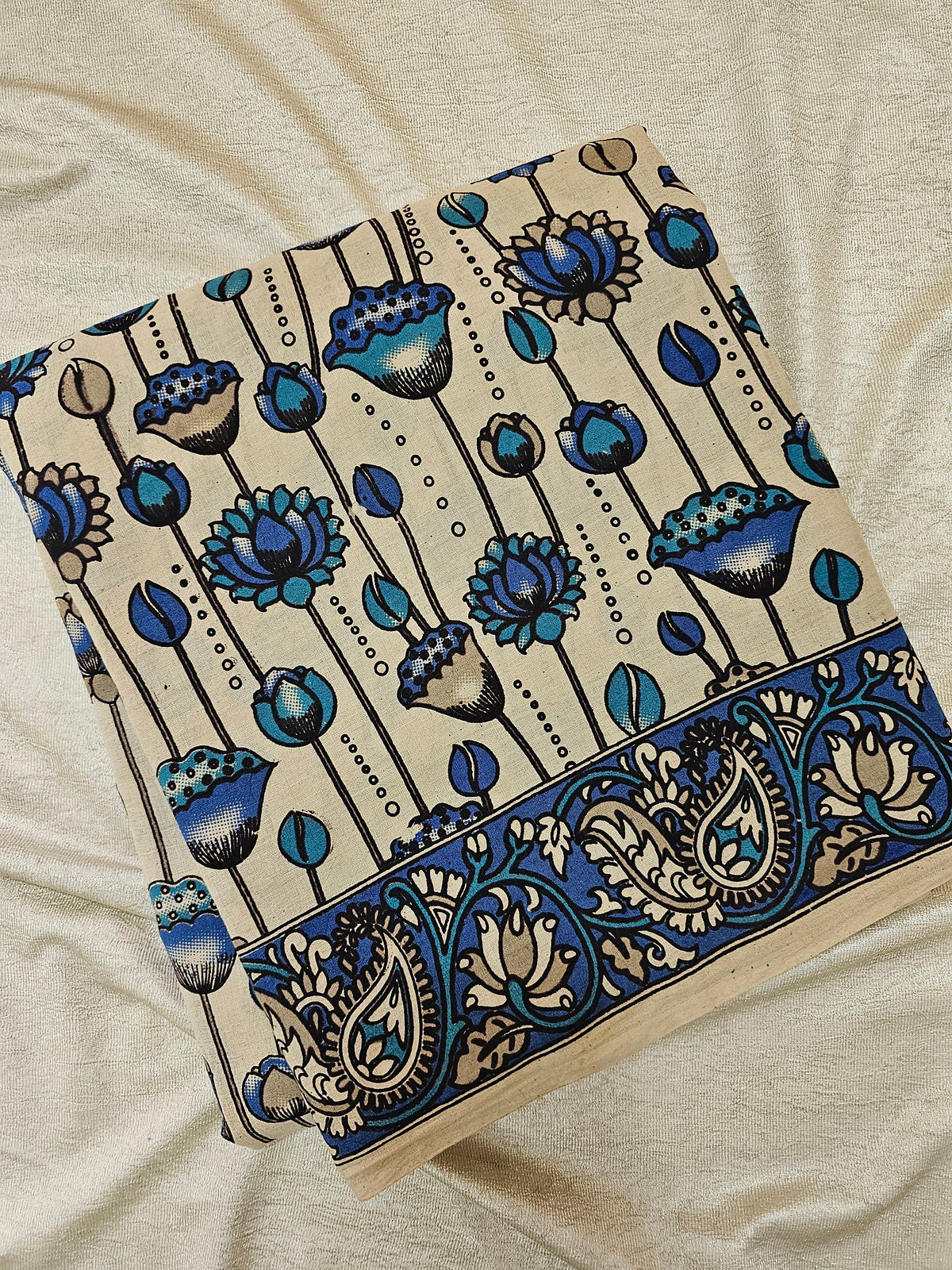 Cotton Kalamkari Saree - Cream with Peacock Blue