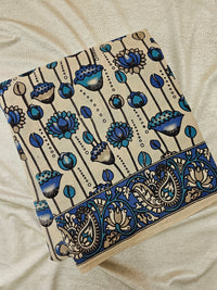 Cotton Kalamkari Saree - Cream with Peacock Blue