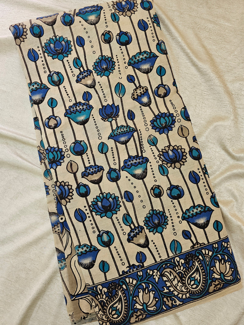 Cotton Kalamkari Saree - Cream with Peacock Blue
