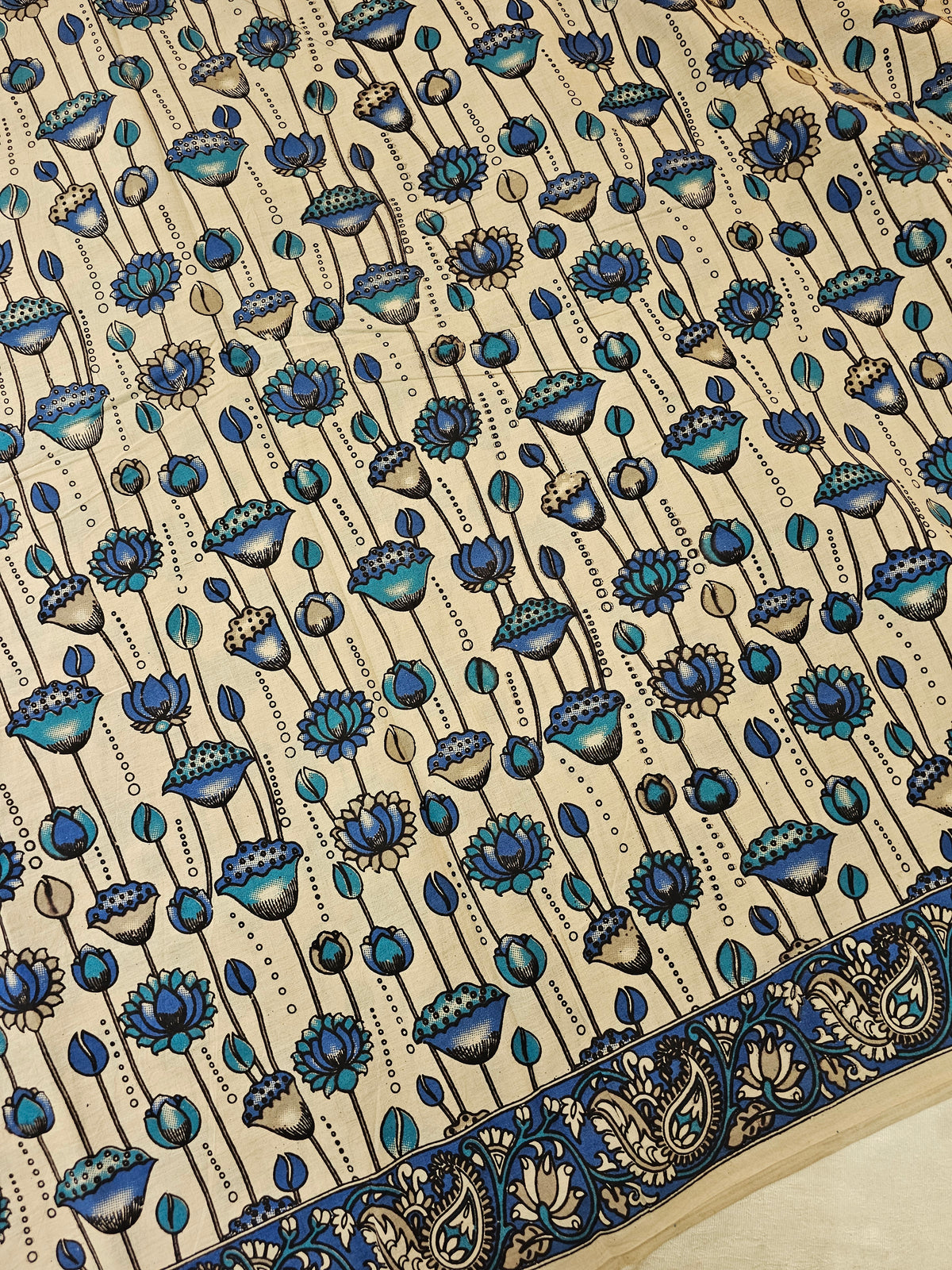 Cotton Kalamkari Saree - Cream with Peacock Blue