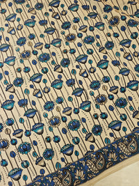 Cotton Kalamkari Saree - Cream with Peacock Blue