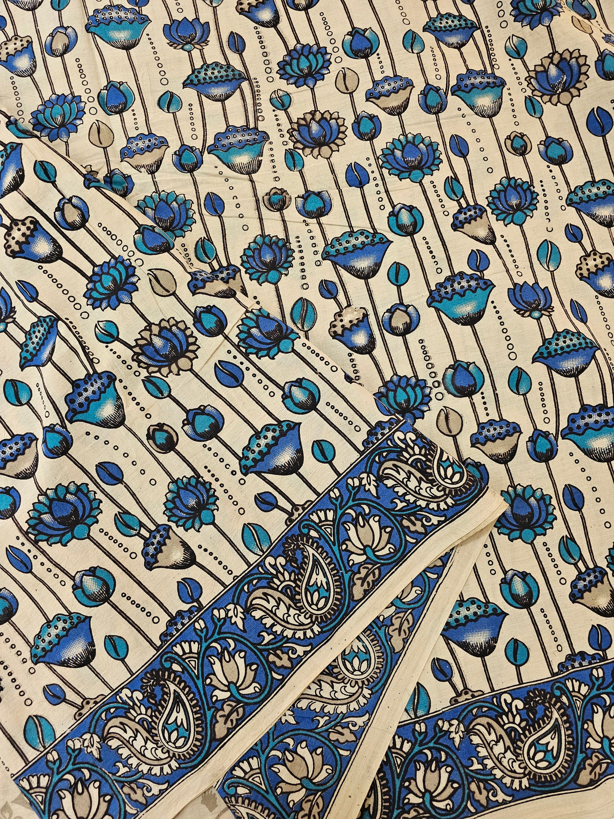Cotton Kalamkari Saree - Cream with Peacock Blue