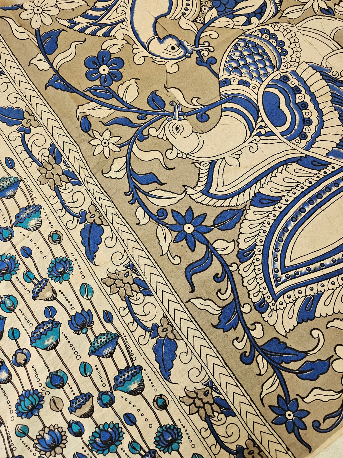 Cotton Kalamkari Saree - Cream with Peacock Blue