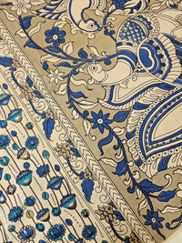 Cotton Kalamkari Saree - Cream with Peacock Blue
