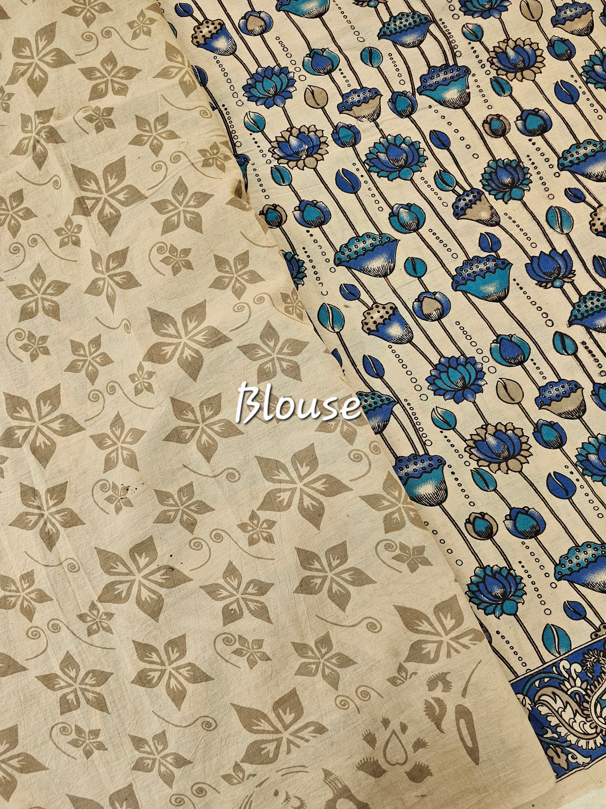 Cotton Kalamkari Saree - Cream with Peacock Blue