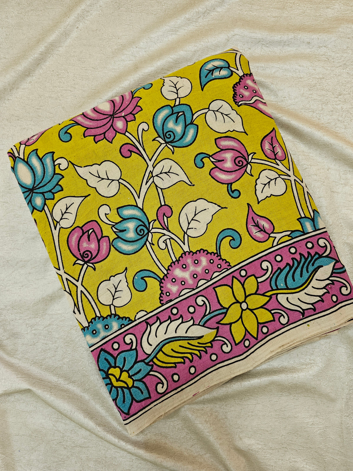 Cotton Kalamkari Saree - Lime Green with Pink