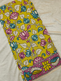 Cotton Kalamkari Saree - Lime Green with Pink