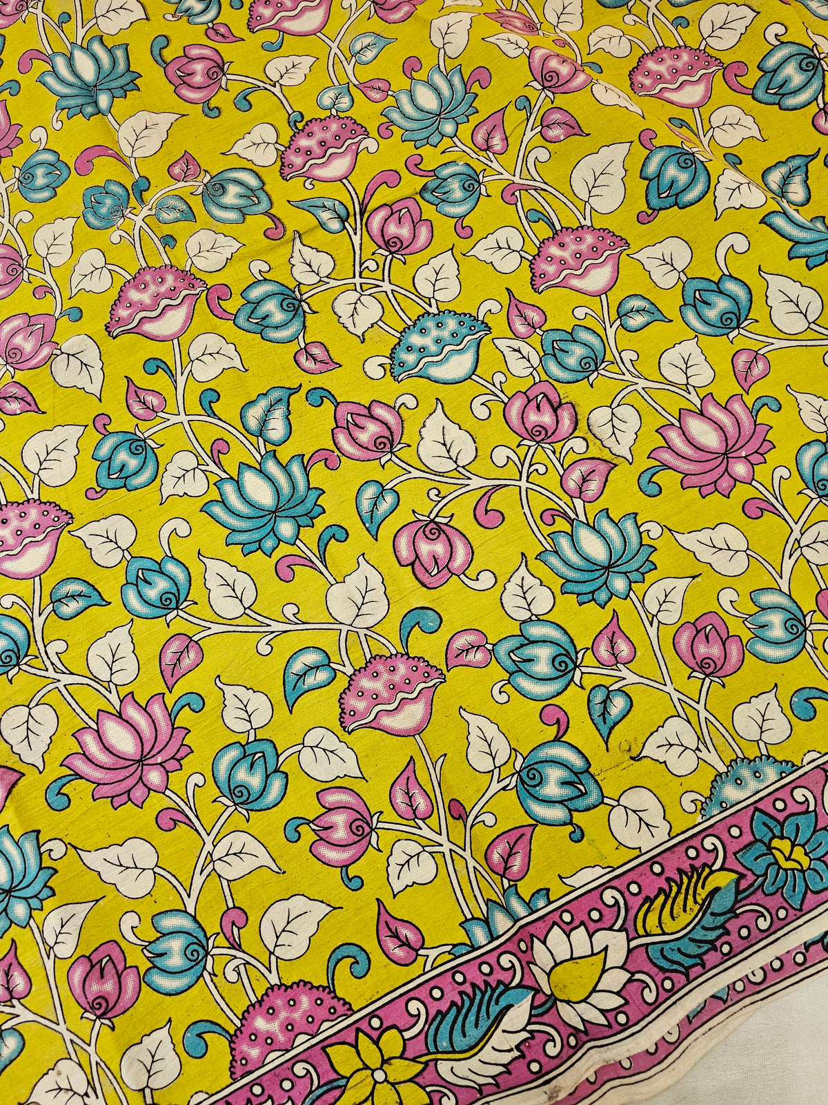 Cotton Kalamkari Saree - Lime Green with Pink