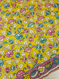 Cotton Kalamkari Saree - Lime Green with Pink