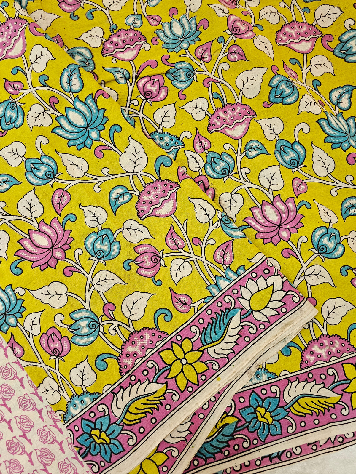 Cotton Kalamkari Saree - Lime Green with Pink