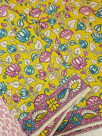 Cotton Kalamkari Saree - Lime Green with Pink