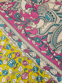 Cotton Kalamkari Saree - Lime Green with Pink