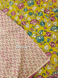 Cotton Kalamkari Saree - Lime Green with Pink