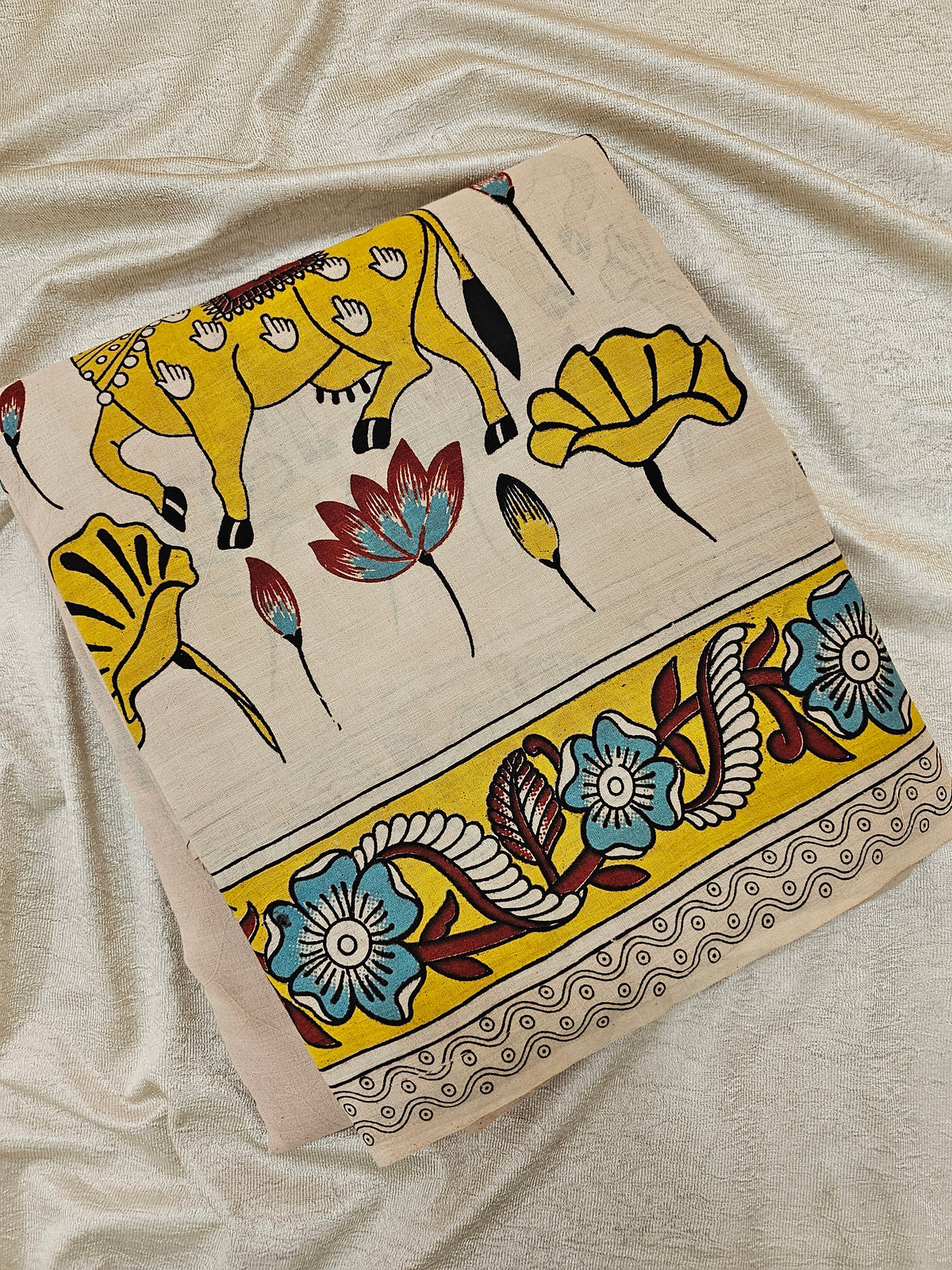 Cotton Pichwai Printed Saree - Cream with Yellow