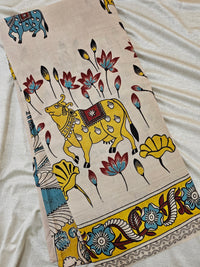 Cotton Pichwai Printed Saree - Cream with Yellow