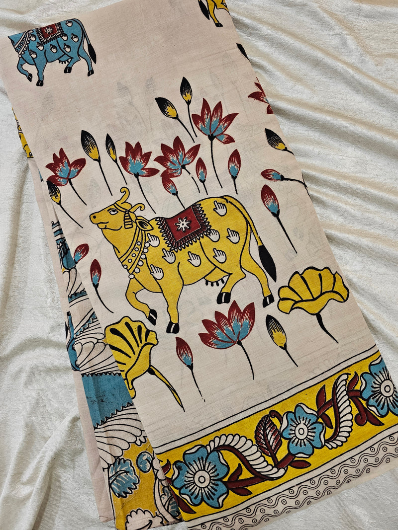 Cotton Pichwai Printed Saree - Cream with Yellow