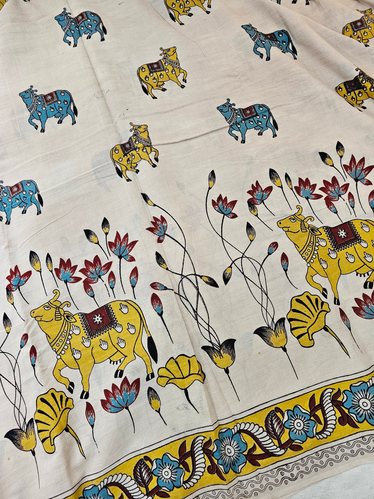 Cotton Pichwai Printed Saree - Cream with Yellow