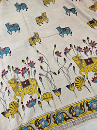 Cotton Pichwai Printed Saree - Cream with Yellow