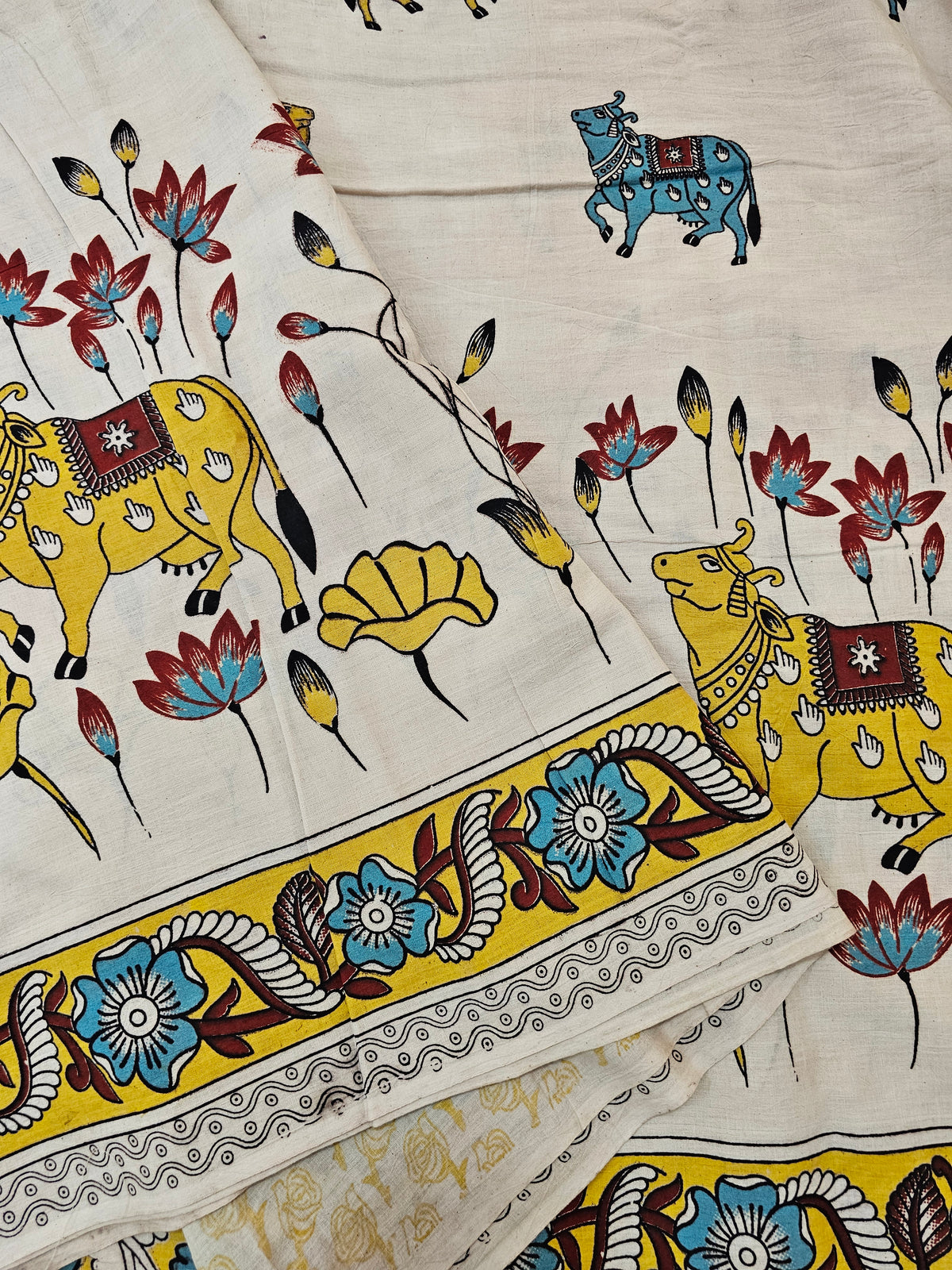 Cotton Pichwai Printed Saree - Cream with Yellow