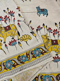 Cotton Pichwai Printed Saree - Cream with Yellow