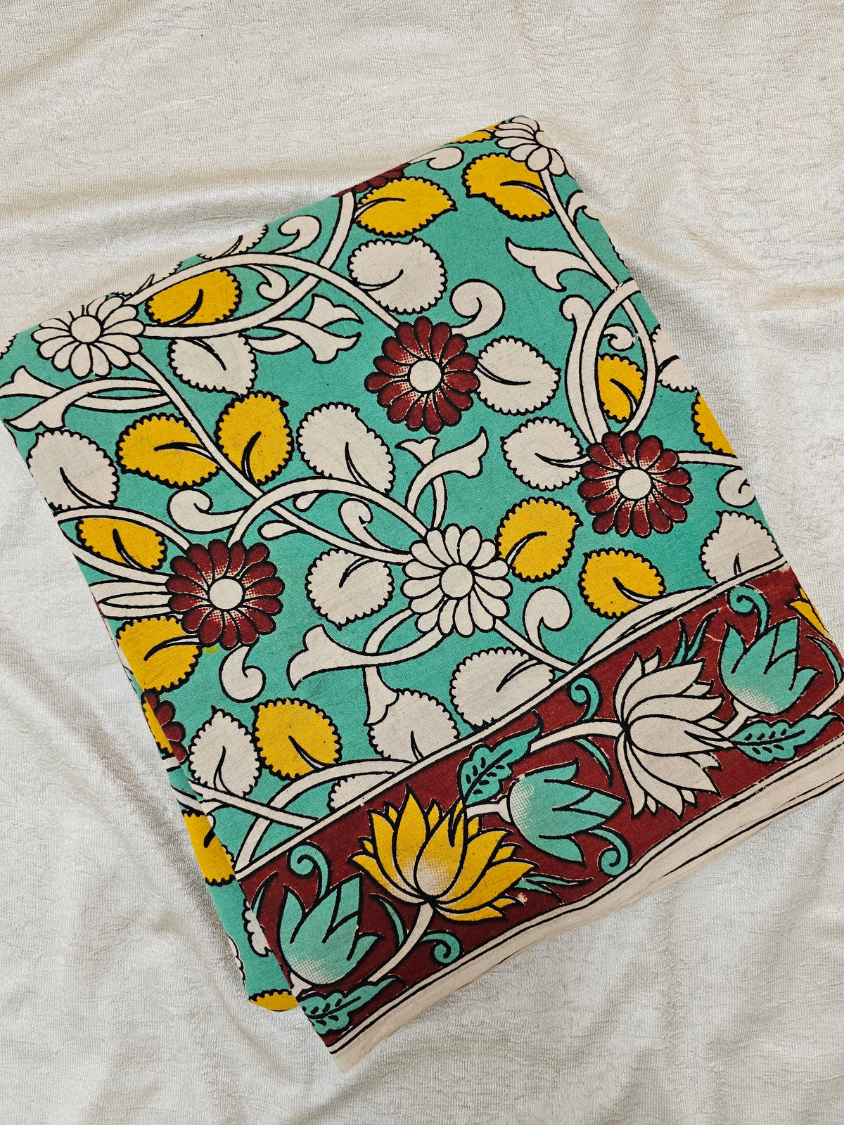 Cotton Kalamkari Printed Saree - Sea Green with Maroon