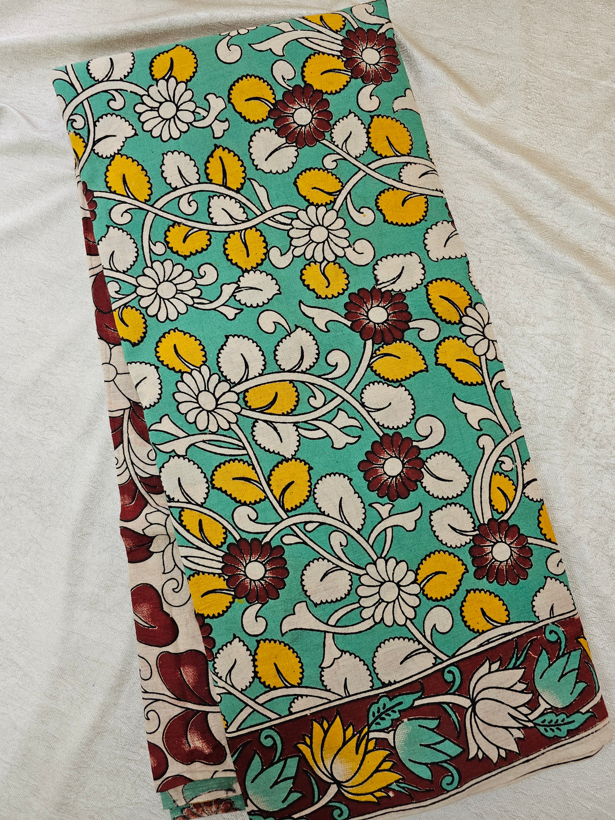 Cotton Kalamkari Printed Saree - Sea Green with Maroon