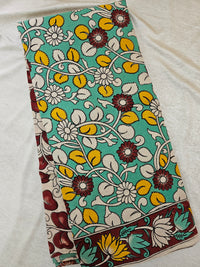 Cotton Kalamkari Printed Saree - Sea Green with Maroon