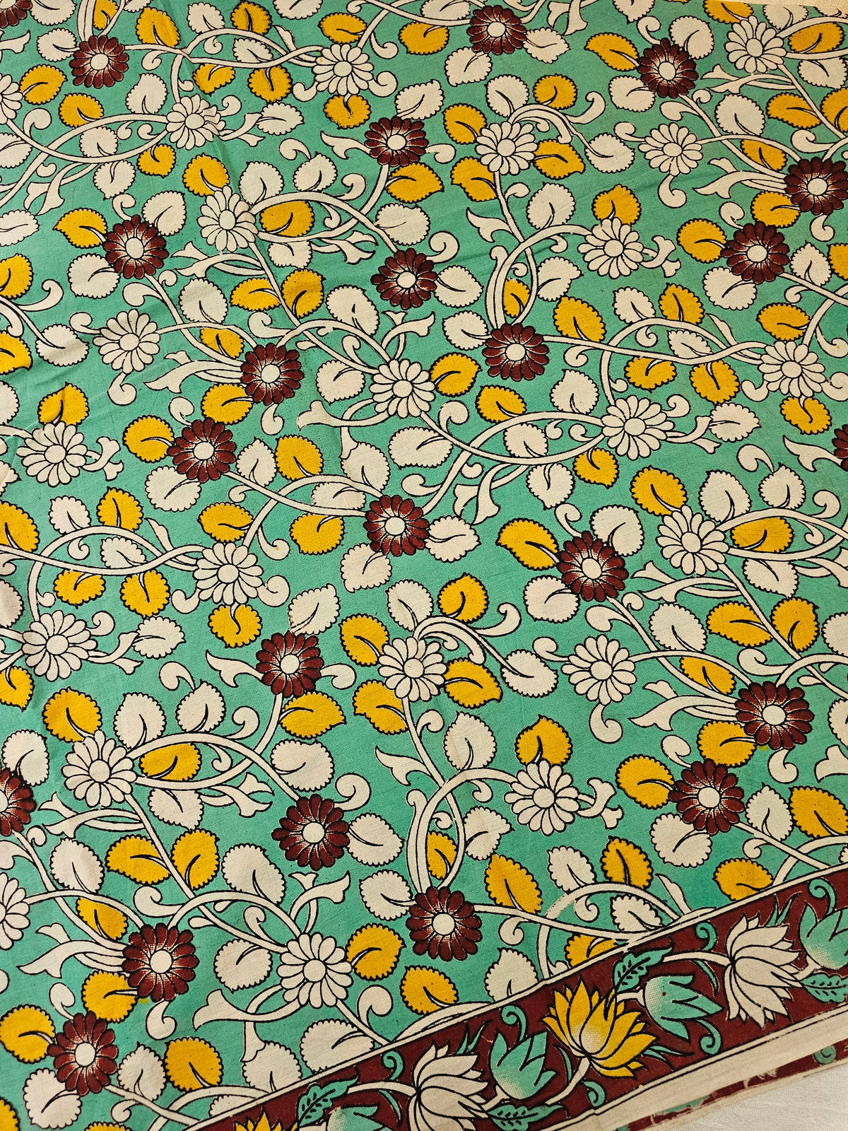 Cotton Kalamkari Printed Saree - Sea Green with Maroon