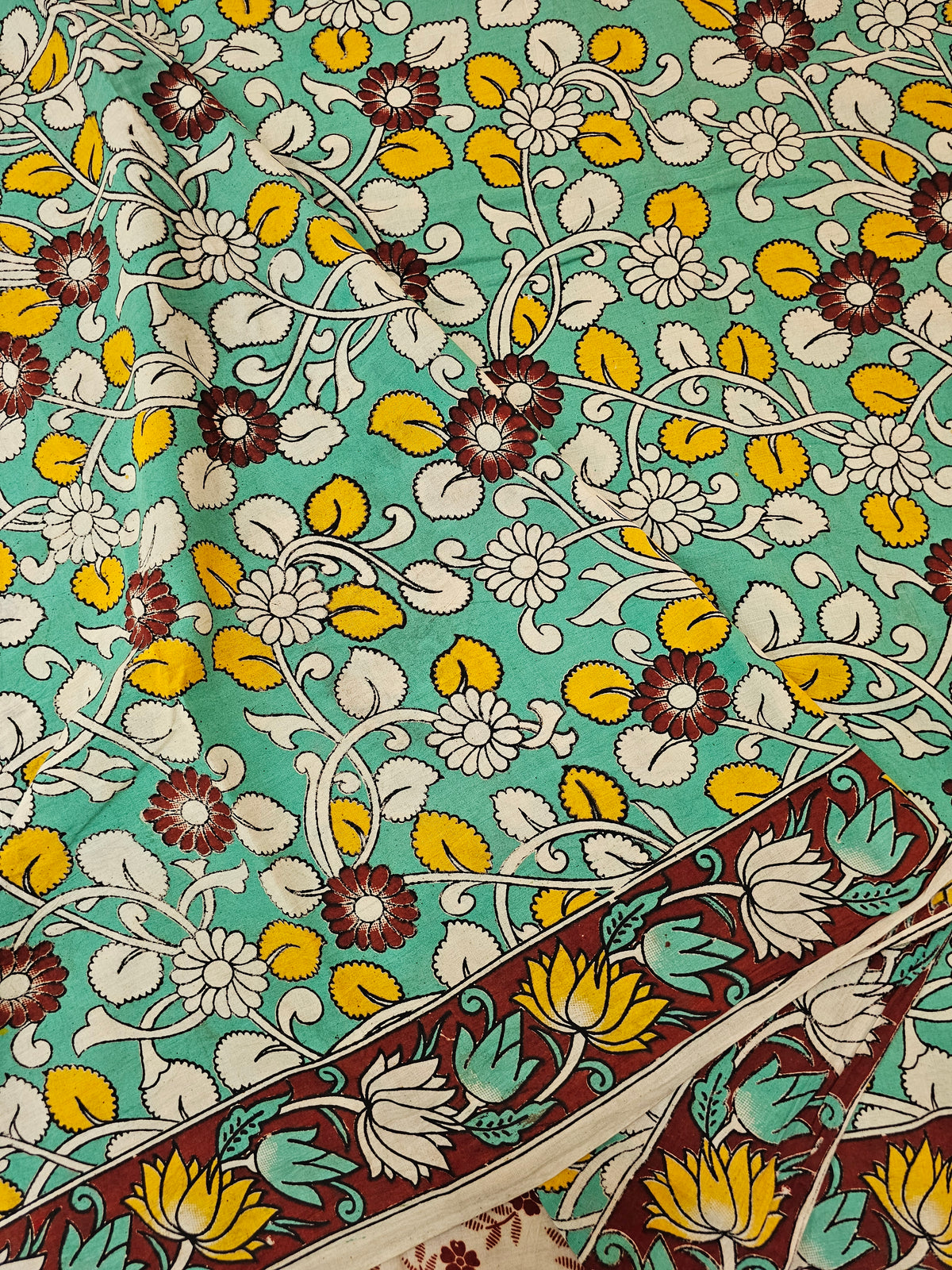 Cotton Kalamkari Printed Saree - Sea Green with Maroon