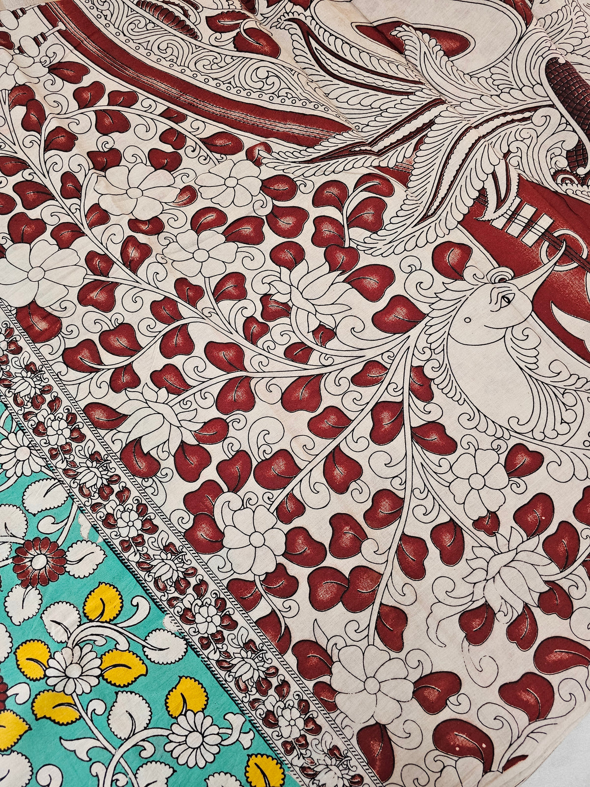 Cotton Kalamkari Printed Saree - Sea Green with Maroon