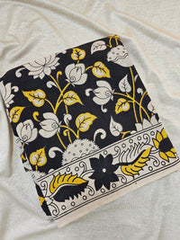 Cotton Kalamkari Printed Saree - Black with Yellow