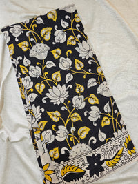 Cotton Kalamkari Printed Saree - Black with Yellow