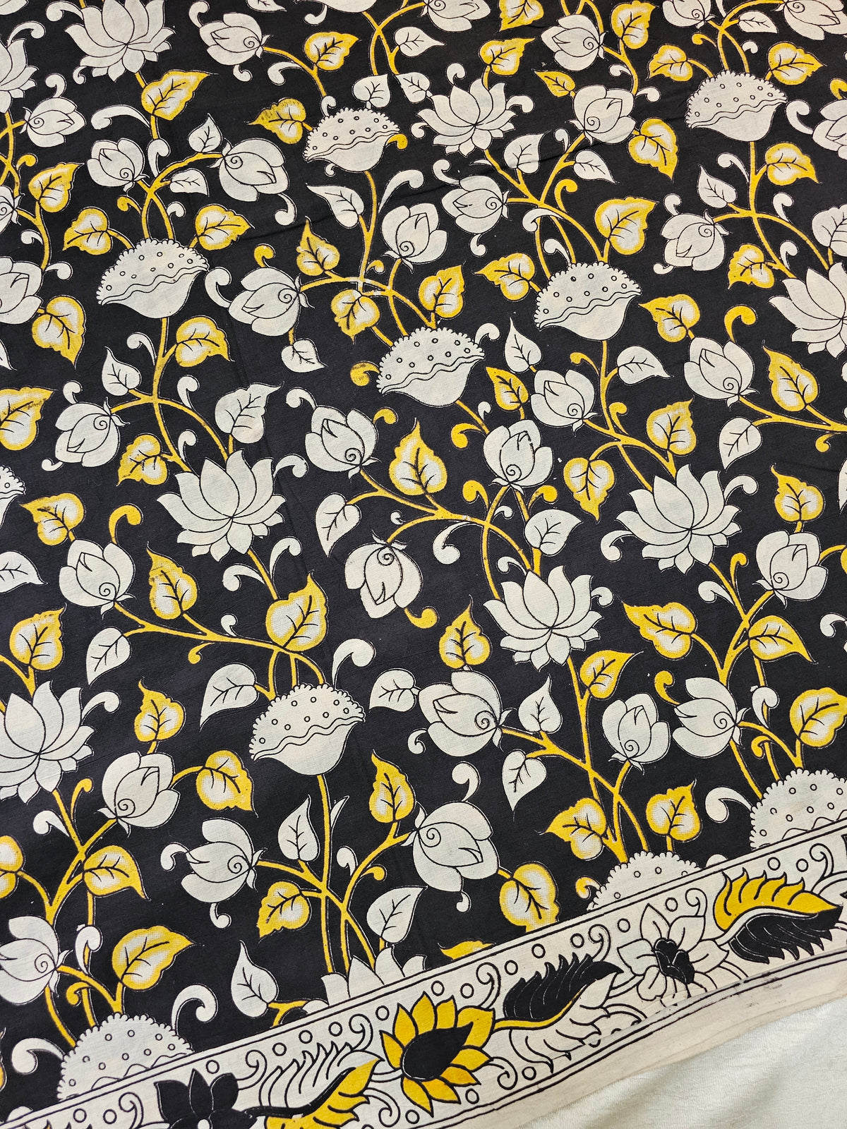 Cotton Kalamkari Printed Saree - Black with Yellow