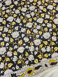 Cotton Kalamkari Printed Saree - Black with Yellow