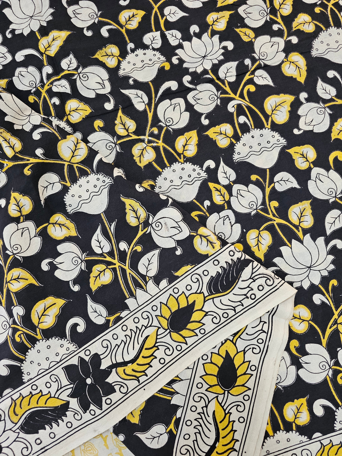 Cotton Kalamkari Printed Saree - Black with Yellow