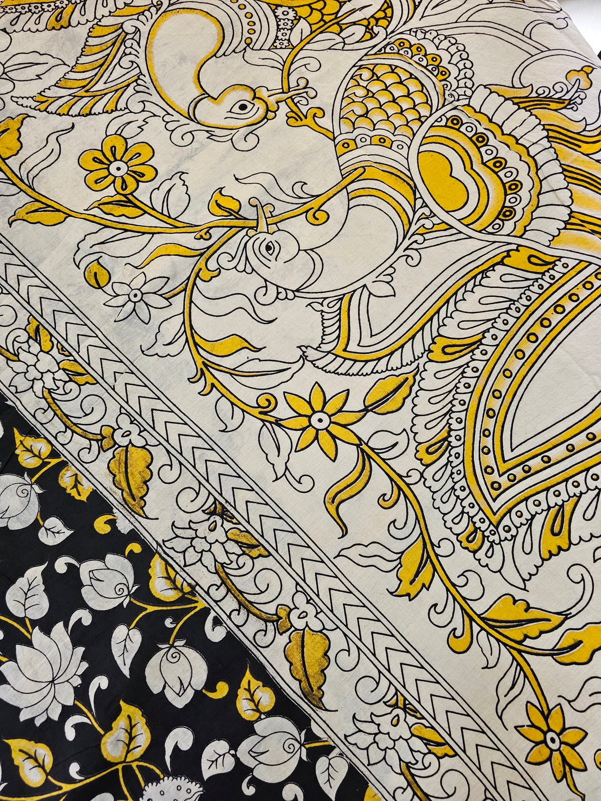 Cotton Kalamkari Printed Saree - Black with Yellow