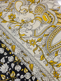 Cotton Kalamkari Printed Saree - Black with Yellow